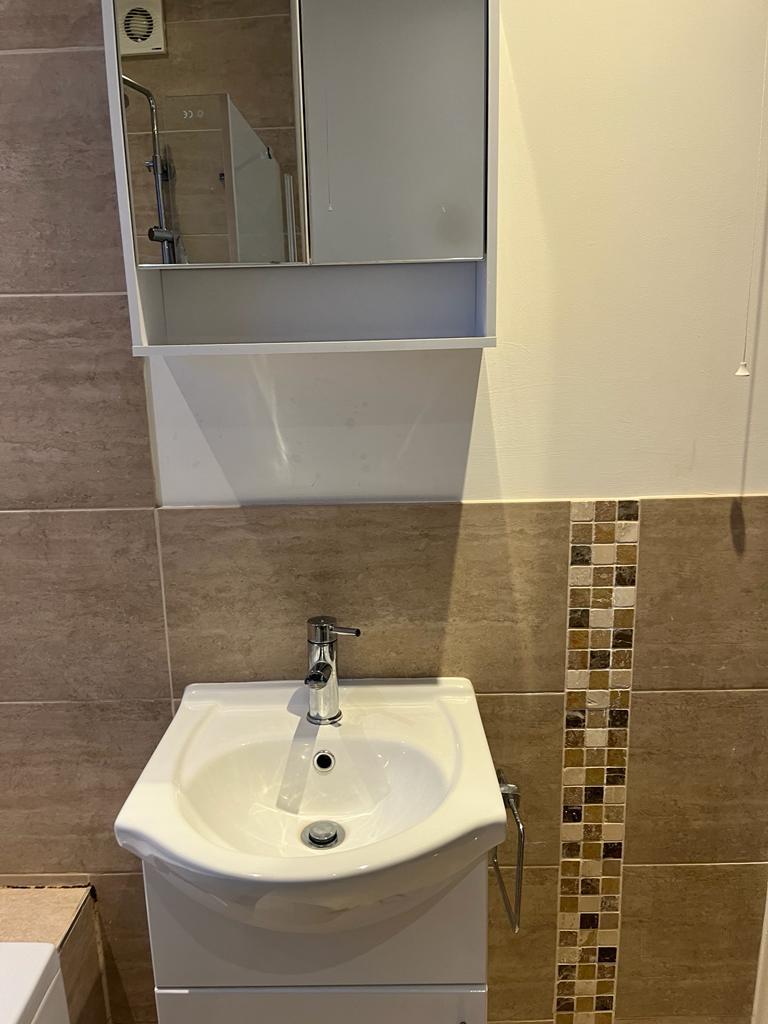 Vanity basin with mirrored cabinet and a vertical mosaic strip